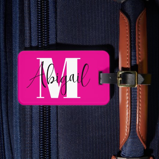 Schwarz-Weiß-Modern-Monogramm-Heiß-Rosa Gepäckanhänger (Vorderseite Insitu 4)