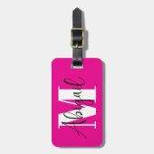Schwarz-Weiß-Modern-Monogramm-Heiß-Rosa Gepäckanhänger (Vorderseite vertikal)