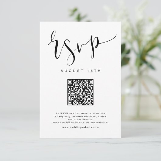 Schwarz-weiß Modern Simple Script Hochzeit QR-Code RSVP Karte (Stehend Vorderseite)