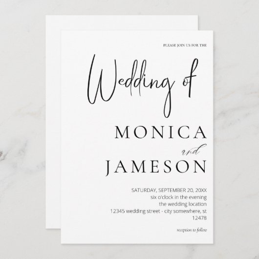 Schwarz/Weiß Moderne 3 Hochzeiten Einladung (Vorne/Hinten)