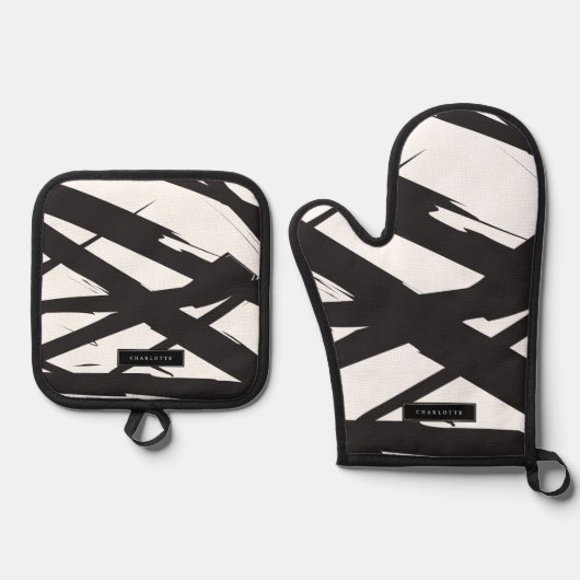 Schwarz-Weiß-Moderne Abstrakte Kunstlinie dekorier Ofenhandschuh & Topflappen-Set (Vorderseite)