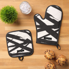 Schwarz-Weiß-Moderne Abstrakte Kunstlinie dekorier Ofenhandschuh & Topflappen-Set