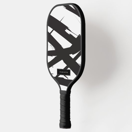 Schwarz-Weiß-Moderne Abstrakte Kunstlinie dekorier Pickleball Schläger (Links)