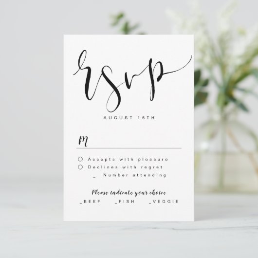 Schwarz-Weiß-Moderne einfache Script-Hochzeit RSVP (Stehend Vorderseite)