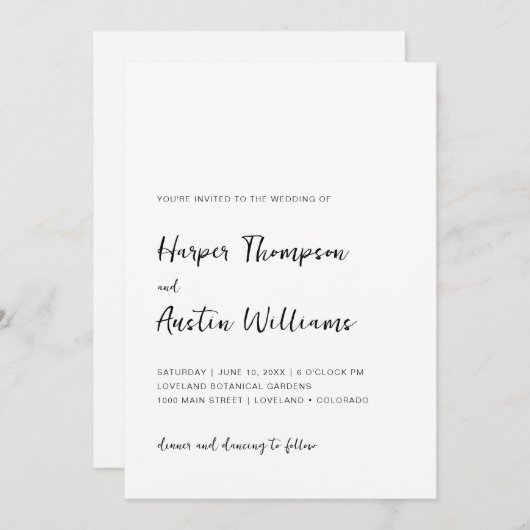 Schwarz-Weiß-Moderne einfache Skripthochzeit Einladung (Vorne/Hinten)