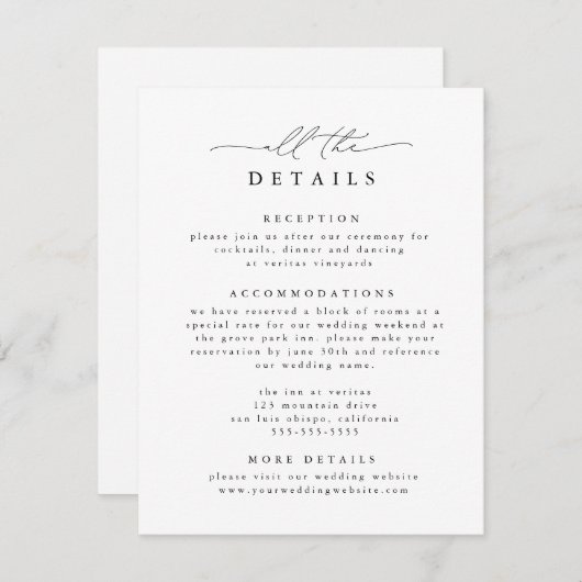 Schwarz-Weiß-Moderne Elegante Hochzeitsdetails Begleitkarte (Vorne/Hinten)