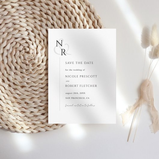 Schwarz-Weiß-Moderne, elegante Monogram-Hochzeit Save The Date