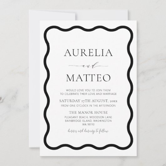 Schwarz & Weiß Moderne Elegante Wavy Border Minima Einladung (Vorderseite)