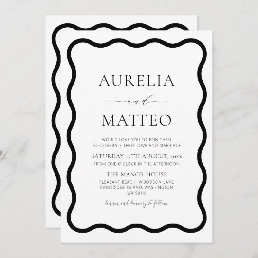 Schwarz & Weiß Moderne Elegante Wavy Border Minima Einladung (Vorne/Hinten)