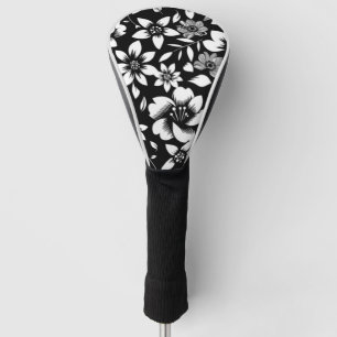 Schwarz Weiß Moderne Florale Blätter Fliegend Druc Golf Headcover