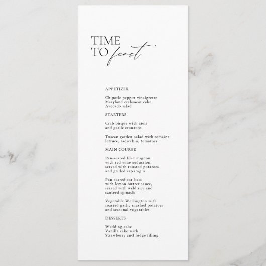 Schwarz-Weiß-moderne Hochzeitsmenüs "Time to Fest" Menükarte (Vorderseite)