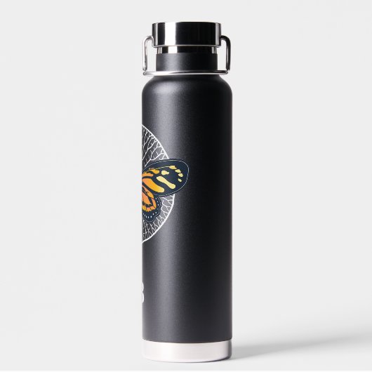 Schwarz-Weiß-Moderne Monogramm mit Schmetterling Trinkflasche (Rückseite)