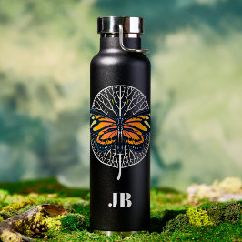 Schwarz-Weiß-Moderne Monogramm mit Schmetterling Trinkflasche