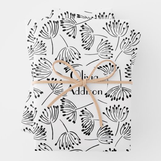 Schwarz-Weiß-Moderne Name Blumenleuchter Geschenkpapier Set (Beispiel)