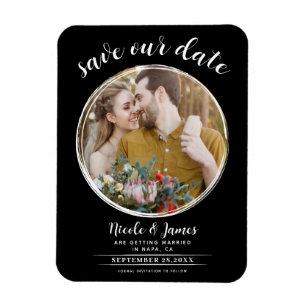 Schwarz-weiß moderne runde Foto-Save-the-Date-Hoch Magnet