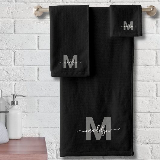 Schwarz Weiß Moderne Schrift Namensmonogramm Badhandtuch Set
