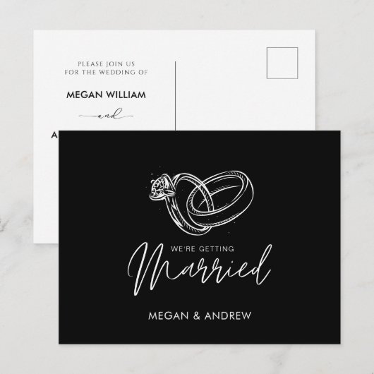Schwarz-Weiß Moderner Minimalistischer Ehering Postkarte (Vorne/Hinten)
