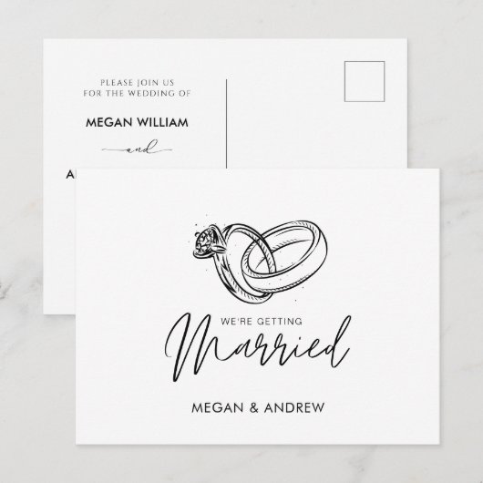 Schwarz-Weiß Moderner Minimalistischer Ehering Postkarte (Vorne/Hinten)