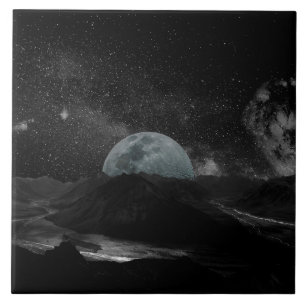 Schwarz-weiß-Mond-Nachthimmel-Berggalaxie Fliese