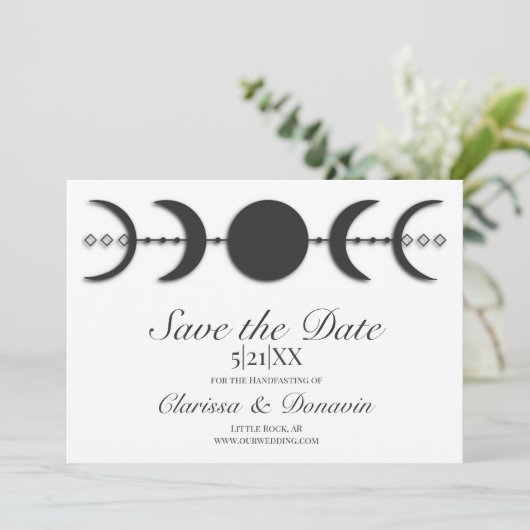 Schwarz-Weiß-Mond-Phase Wiccan Handfasts Save The Date (Stehend Vorderseite)