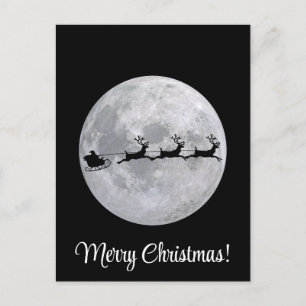 Schwarz-Weiß-Mond-Santa mit Rentieren Postkarte