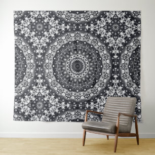 Schwarz-Weiß-Monochrom-Mandala-Muster Wandteppich