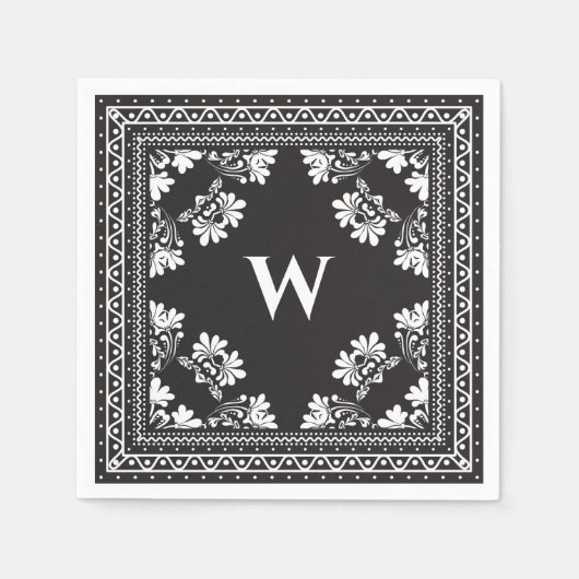 Schwarz-Weiß-Monogramm-Bandanna-Muster Serviette (Vorderseite)
