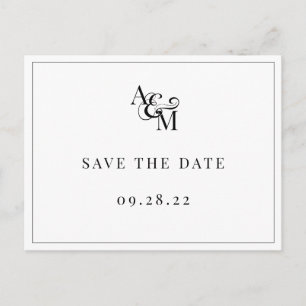 Schwarz-Weiß-Monogramm Einfach Elegant Save The Da Einladungspostkarte