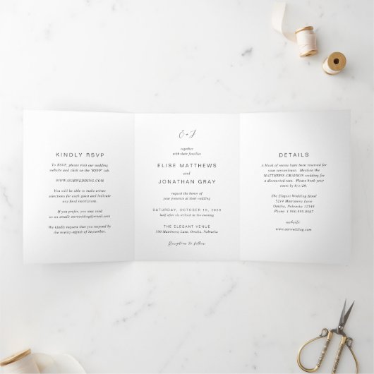 Schwarz-Weiß-Monogramm-Elegant-Hochzeit Dreifach Gefaltete Einladung (Innenseite)