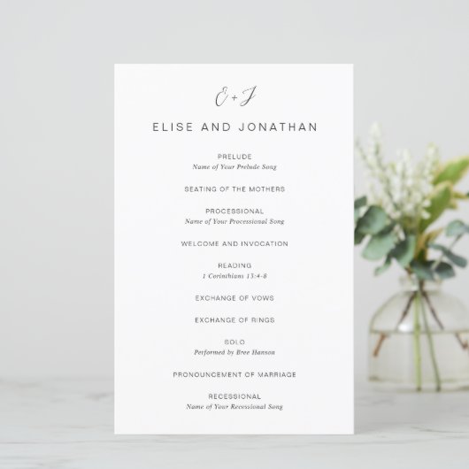 Schwarz-Weiß-Monogramm Elegantes Hochzeitsprogramm (Stehend Vorderseite)