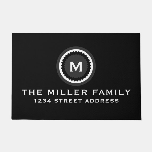 Schwarz-Weiß-Monogramm-Familie und Adresse Fußmatte (Vorderseite)