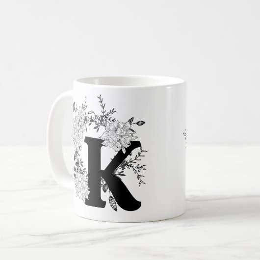 Schwarz-Weiß-Monogramm-Floral Kaffeetasse (Vorderseite Links)