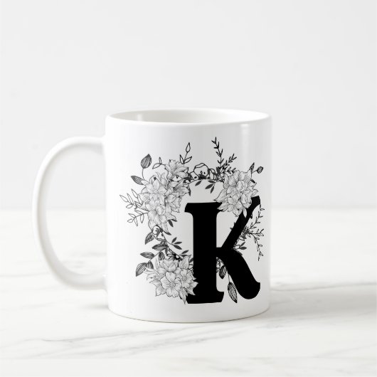 Schwarz-Weiß-Monogramm-Floral Kaffeetasse (Links)