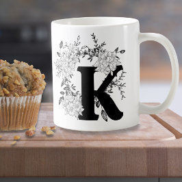 Schwarz-Weiß-Monogramm-Floral Kaffeetasse