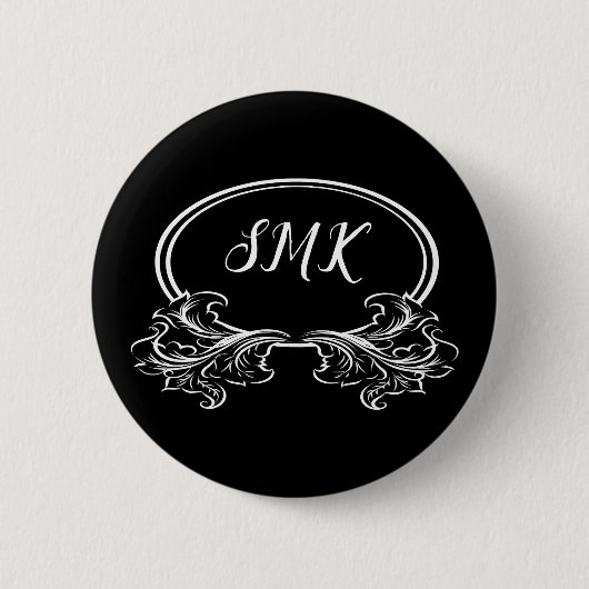 Schwarz-Weiß-Monogramm-Florrahmen Button (Vorderseite)