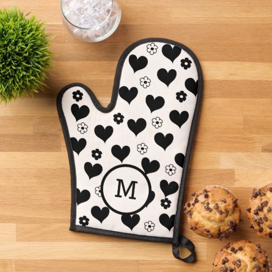Schwarz-Weiß-Monogramm-Herz-Blume Ofenhandschuh (Oben unten)