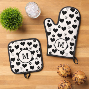 Schwarz-Weiß-Monogramm-Herz-Blume Ofenhandschuh & Topflappen-Set