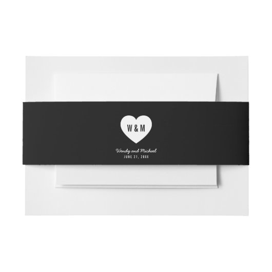 Schwarz-Weiß-Monogramm-Herz-Hochzeit Einladungsbanderole (Vorderseite Beispiel)
