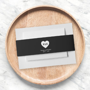Schwarz-Weiß-Monogramm-Herz-Hochzeit Einladungsbanderole