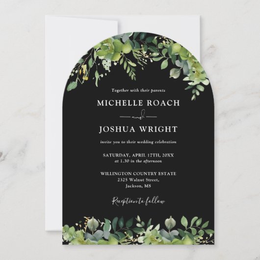 Schwarz-Weiß-Monogramm-Hochzeit des Greenery Arch Einladung (Vorderseite)