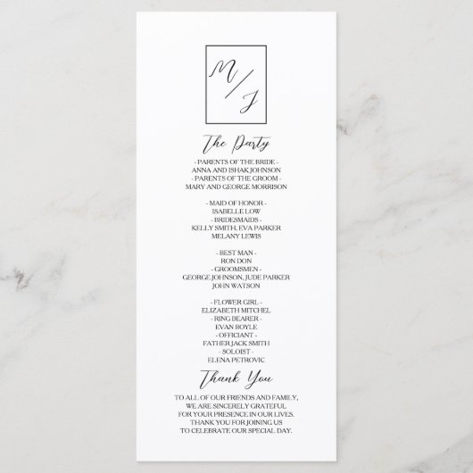 Schwarz-Weiß-Monogramm-Hochzeit Programm (Rückseite)