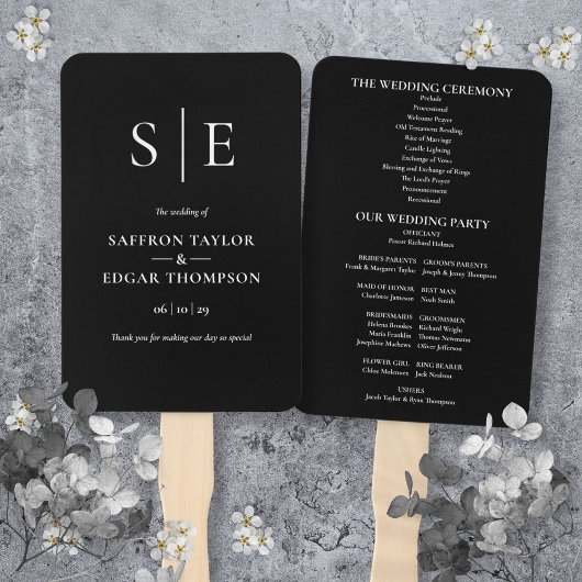 Schwarz-Weiß-Monogramm-Hochzeitsprogramm Fächer