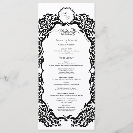 Schwarz-Weiß-Monogramm-Hochzeitsprogramm Programm (Vorderseite)