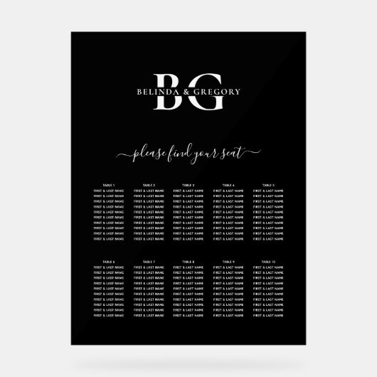 Schwarz-Weiß-Monogramm-Hochzeitstabelle Acrylschild (Vorderseite)