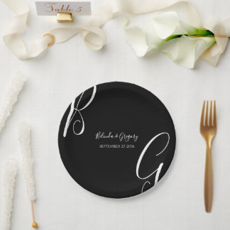 Schwarz-Weiß-Monogramm-Initialen Hochzeit Pappteller