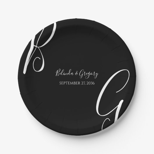 Schwarz-Weiß-Monogramm-Initialen Hochzeit Pappteller (Vorderseite)