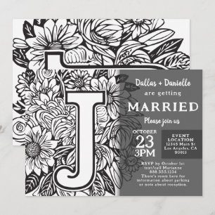 Schwarz-weiß Monogramm J Tattoo Blumen Hochzeit Einladung