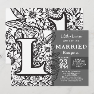 Schwarz-weiß Monogramm L Tattoo Blumen Hochzeit Einladung