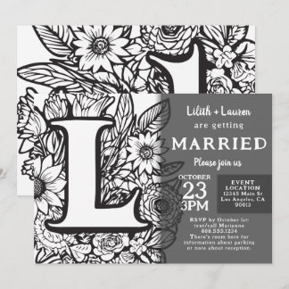 Schwarz-weiß Monogramm L Tattoo Blumen Hochzeit Einladung