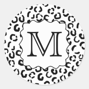 Schwarz-Weiß-Monogramm Leopard Print. Runder Aufkleber